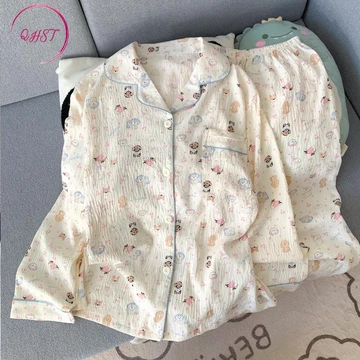 QHST Piyama Set Wanita Satin Polka Rainbow Titik Lengan Panjang Celana Panjang Baju Tidur