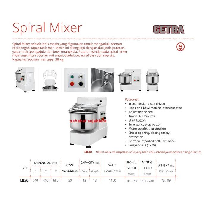 Jual Spiral Mixer GETRA LB30 Mesin Pengaduk Adonan Roti | Shopee Indonesia