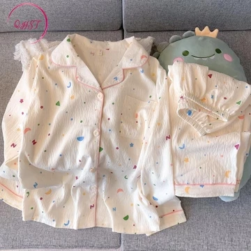 QHST Piyama Set Wanita Satin Polka Rainbow Titik Lengan Panjang Celana Panjang Baju Tidur
