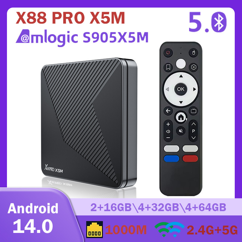 Decodificador De TV Android 14.0, X88 Pro X5M S905X5M, Cuatro Núcleos, Compatible con Wi-Fi De 2,4 GHz/5 GHz, Bluetooth 4.0, Smart TV Box 4K HD,2gb+16gb