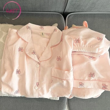 QHST Piyama Set Wanita Satin Polka Rainbow Titik Lengan Panjang Celana Panjang Baju Tidur