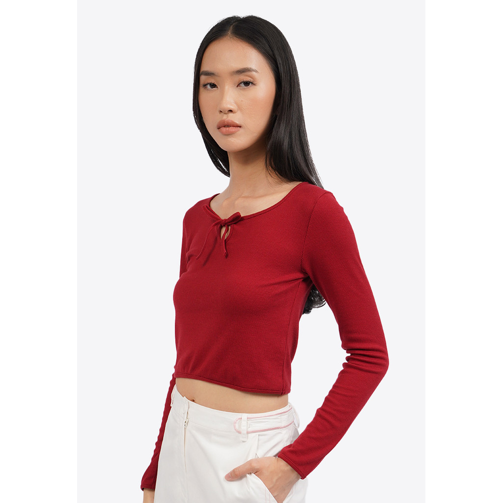 Jual COLORBOX Long Sleeve Rib Top with Ribbon Details Dark Red | Shopee ...