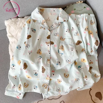 QHST Piyama Set Wanita Satin Polka Rainbow Titik Lengan Panjang Celana Panjang Baju Tidur