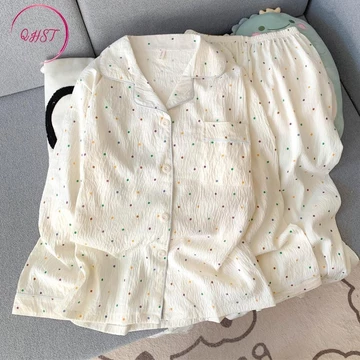 QHST Piyama Set Wanita Satin Polka Rainbow Titik Lengan Panjang Celana Panjang Baju Tidur