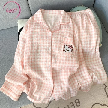 QHST Piyama Set Wanita Satin Polka Rainbow Titik Lengan Panjang Celana Panjang Baju Tidur