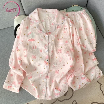 QHST Piyama Set Wanita Satin Polka Rainbow Titik Lengan Panjang Celana Panjang Baju Tidur
