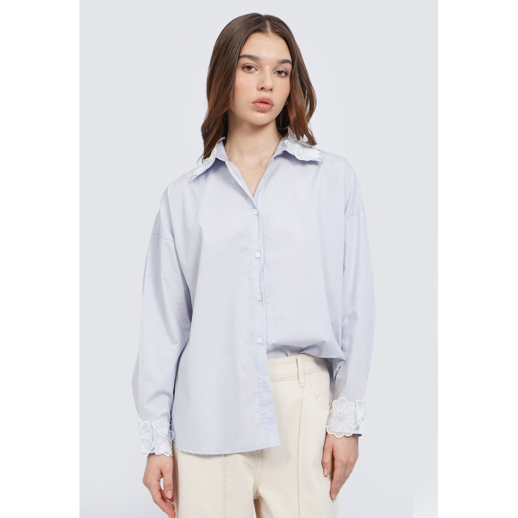 Jual ET CETERA Blouse with Embroidered Collar SOFT BLUE | Shopee Indonesia