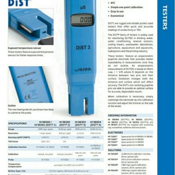 Jual TDS TESTER HANNA INSTRUMENTS HI98302 DIST 2 TDS METER | Shopee ...