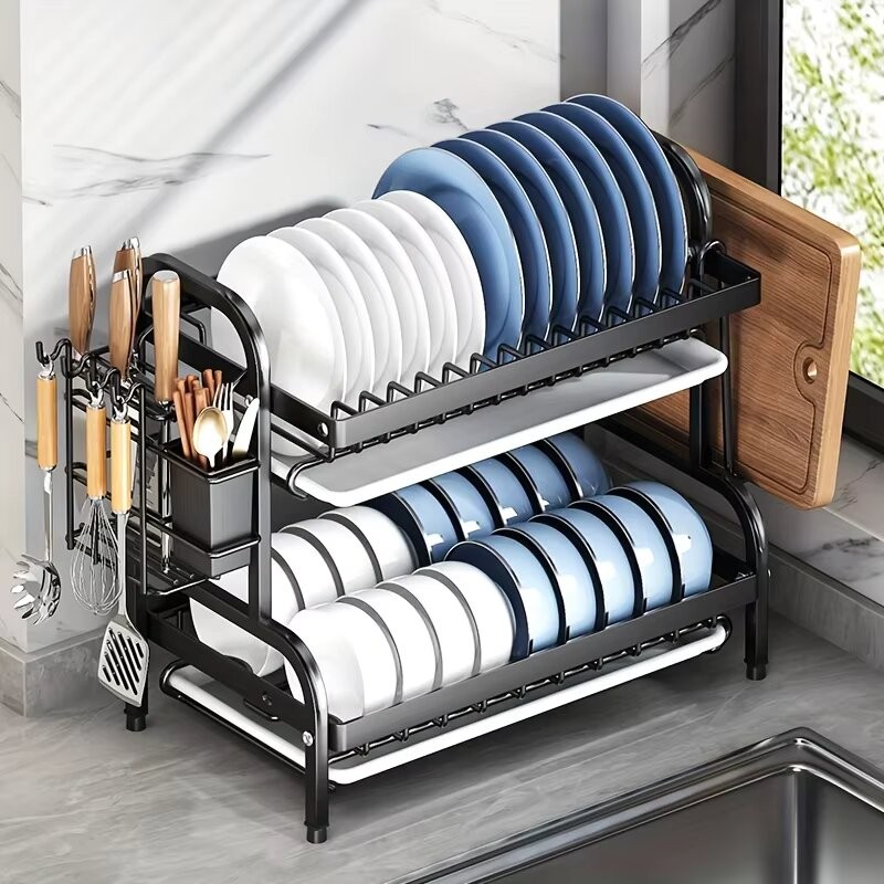 Jual Dish Drying Rack 2-Tier Compact Kitchen Dish Rack Drainboard Set ...