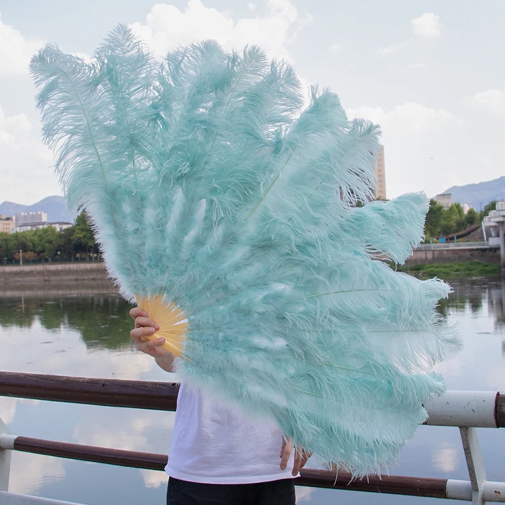 Jual Extra Large Light Blue Ostrich Feather Fan Fluffy 13 Bone Handheld ...