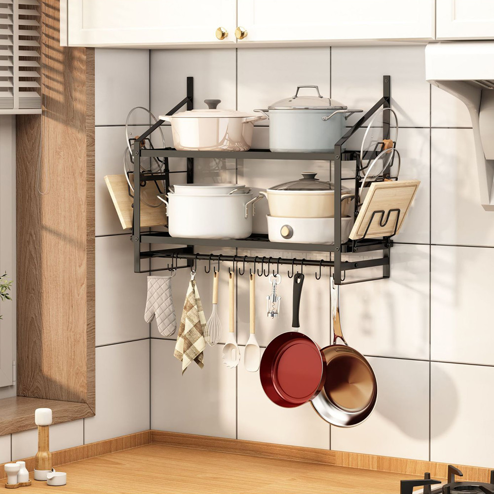 Jual Wall Mounted Pot Rack Pot Hanging Rack 2 Tier Pot Lid Organizer ...