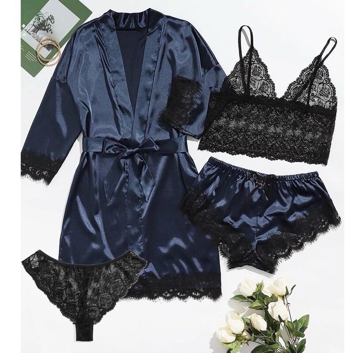 Jual 4 In 1 Set Night Pyama Kimono -Lyne Lingeriee Katun Lembut Navy ...