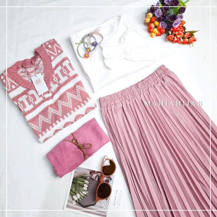 Jual Hijara- 5in1 Setelan Lengkap Momo Set (Vest rajut + Blouse + Rok ...