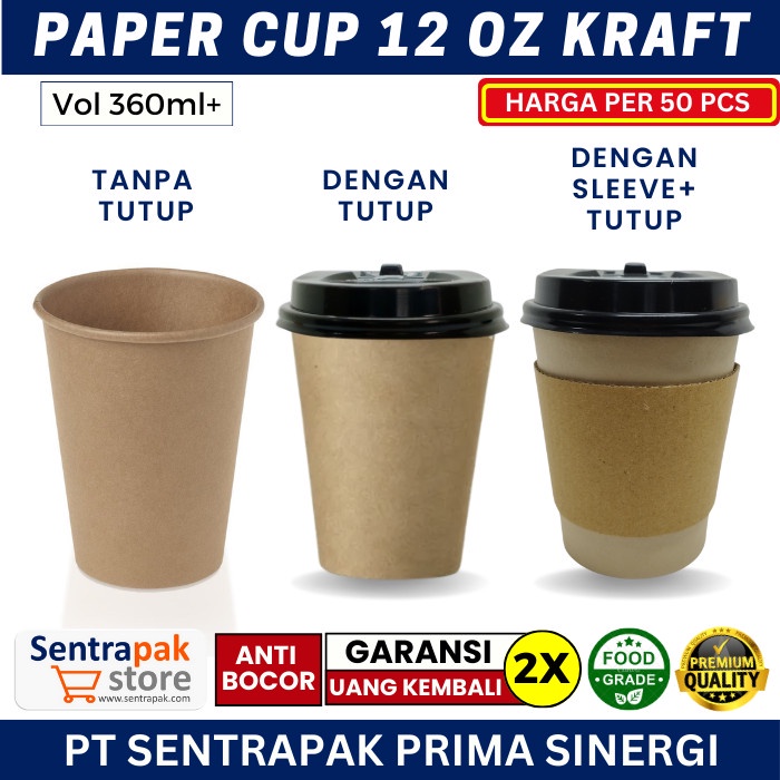 Jual Paper cup 12 oz Kraft Hot dengan Tutup + Sleeve - Gelas Kertas ...