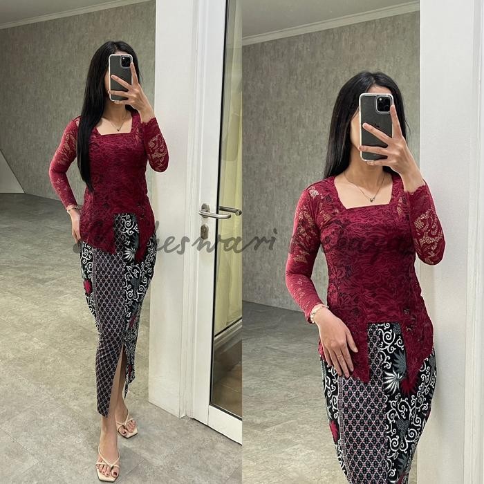 Jual Trenatik- Kebaya Bali Set Brukat Maroon Panjang Rok Silver ...