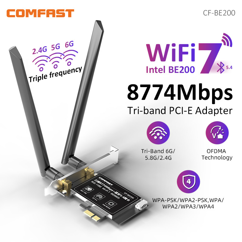 Carte WiFi 7 BE200 M.2 NGFF | Tri-Bande 2.4/5/6 GHz | Bluetooth 5.4 | + 2 Antennes 10dB | Pour PC Gamer/Création