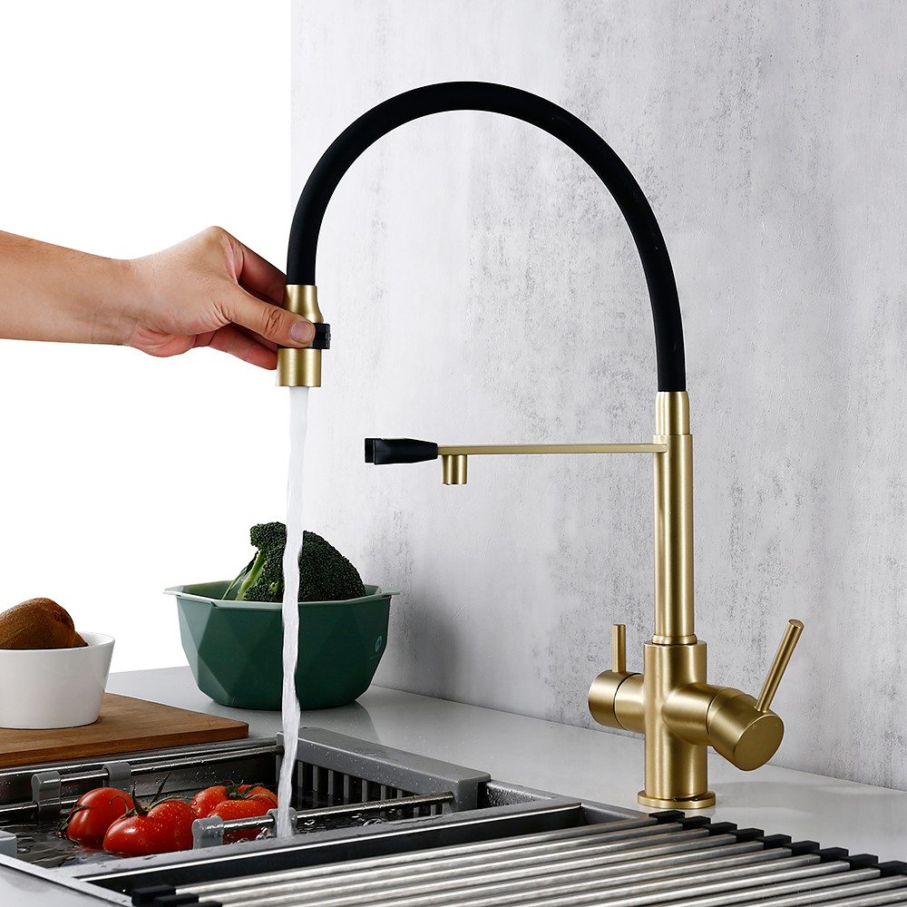Jual BEST Brushed Gold Kitchen Faucet Brass 3 Ways Sink Mixer Black ...