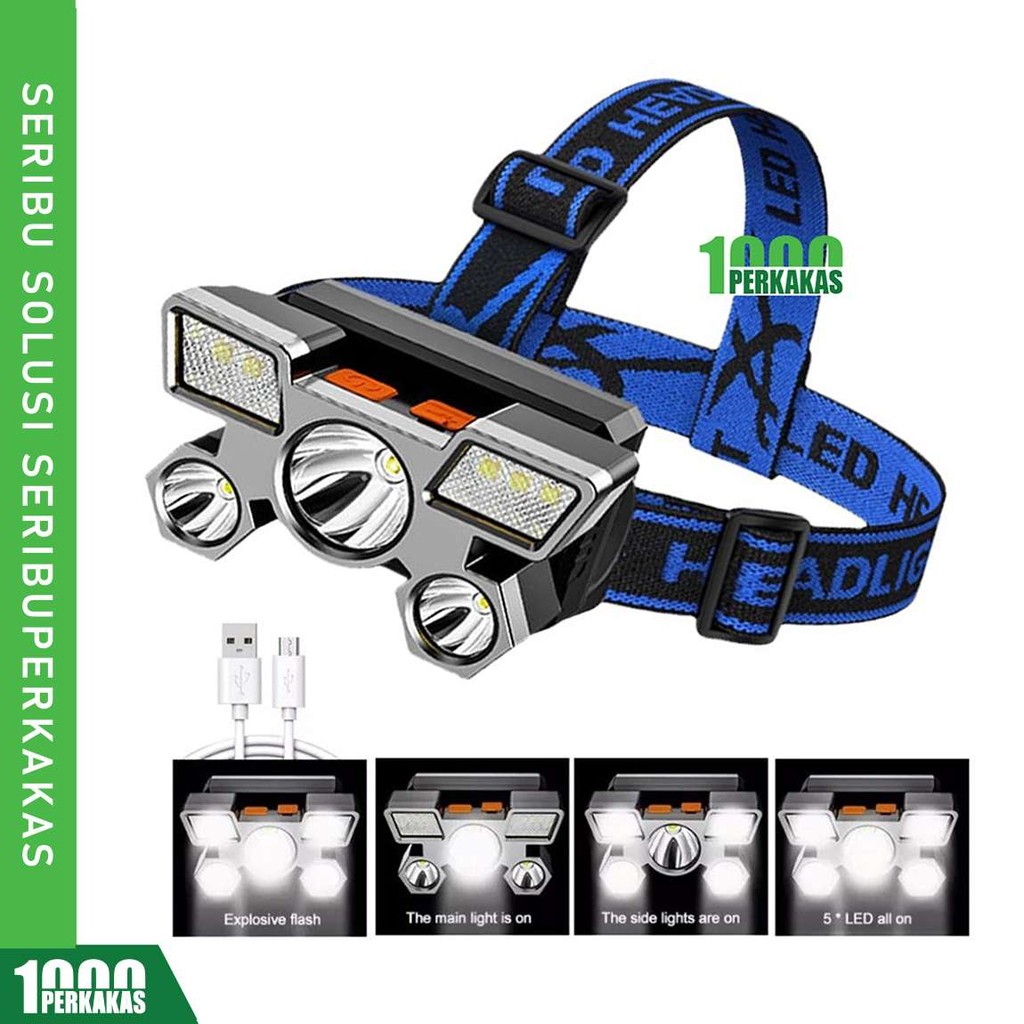 Jual Senter Kepala 5 LED 4 Mode Cahaya E033x 1P / USB Waterproof Sumber ...