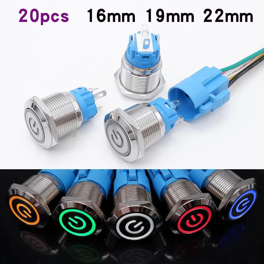 Jual 20pcs 16mm 19mm 22mm Metal Button Switch LED Lights 12v Start Stop ...