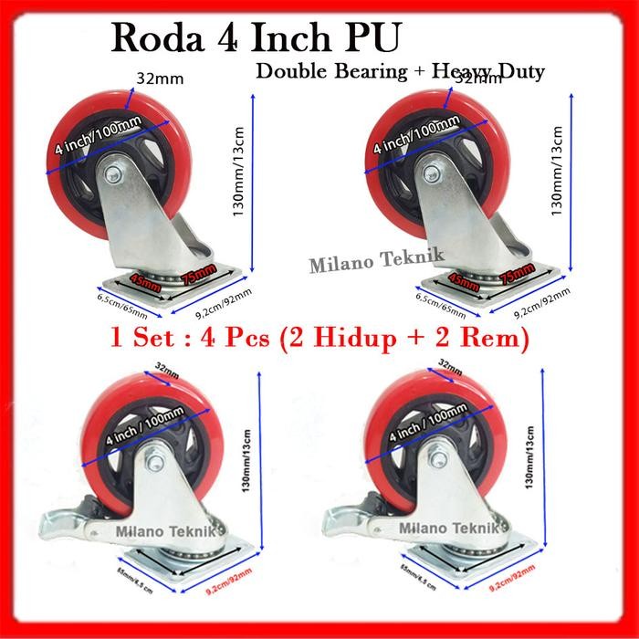 Jual Roda 4 inchi PU (1set:4pcs 2Hidup+2Hrem)+Double bearing Troli ...