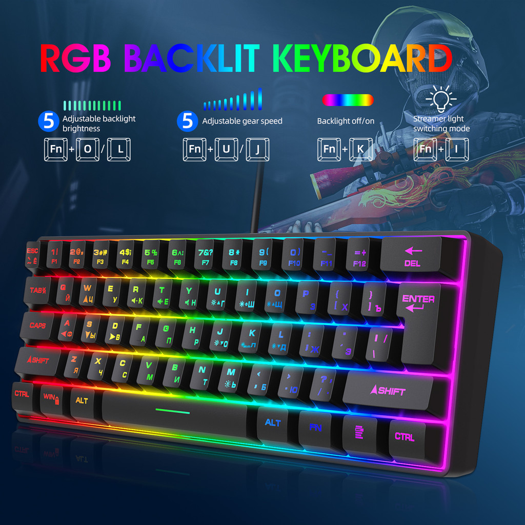 Jual Russian Keyboard English Rgb Lighting 61 Keys 60% Layout Gaming ...