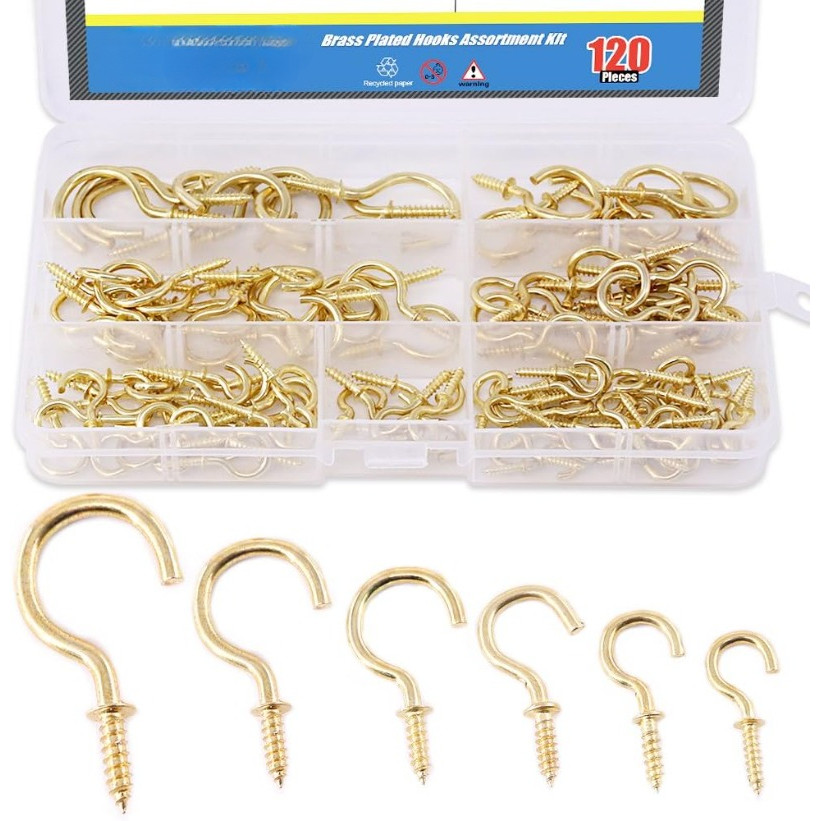 Jual 120pcs 6 Size Brass Plated Screw-in Cup Hooks Lag Thread Handy ...