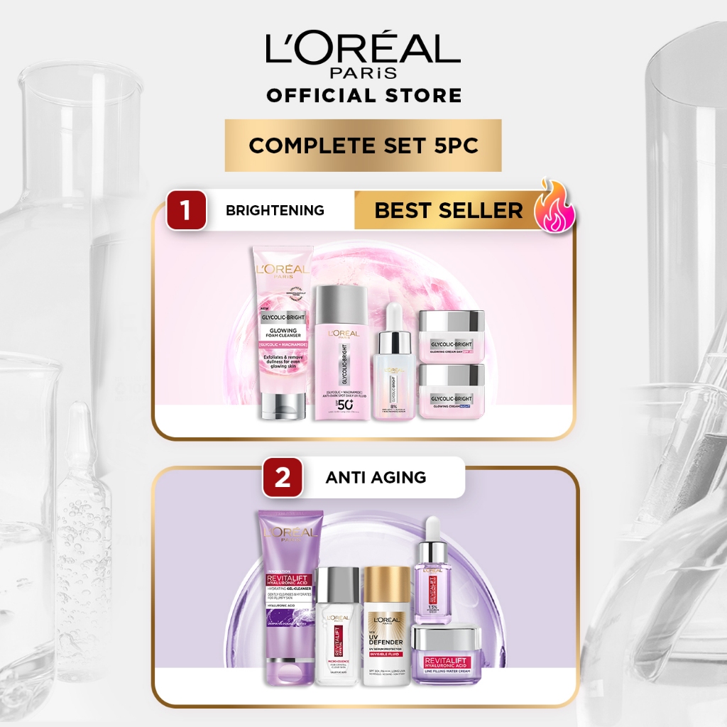 [PAKET HEMAT 5Pcs] L'Oreal Paris Skincare Set 5Pcs Serum Sunscreen Facial Wash Foam Day Night Cream Toner Brightening Set Anti Aging Set Oil Control Set Dark Spot Solution Glycolic Revitalift Set