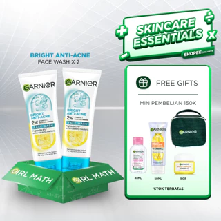 (PAKET HEMAT ISI 2) Garnier Bright Complete 3-in-1 Anti Acne Facial Cleanser Skin Care - 100ml | Pembersih Wajah Lawan Jerawat