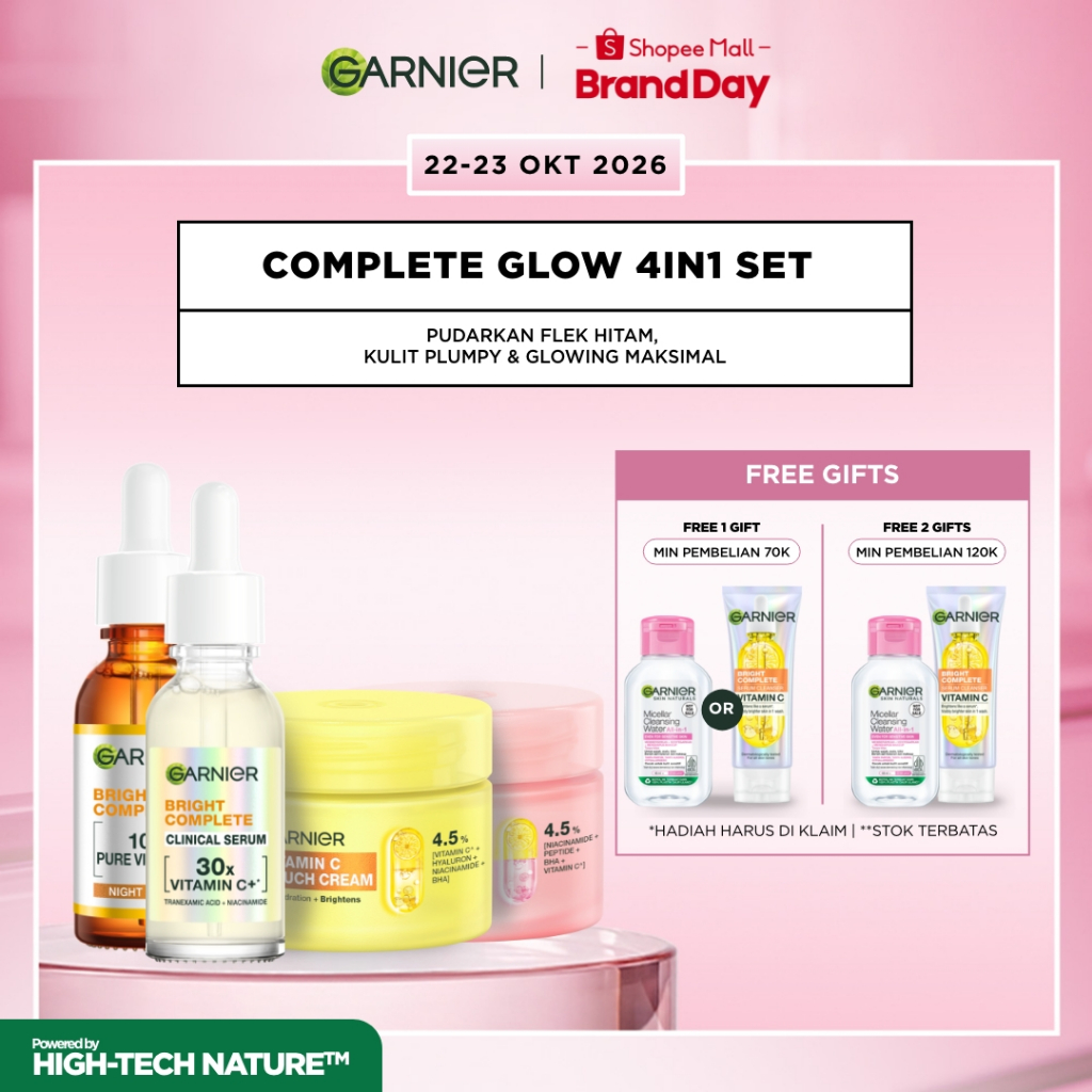 [PAKET 4 PCS] Garnier Skincare Bright Complete Wajah Cerah Mochi Glowing - Clinical Overnight Serum Day Night Cream 30ml 50ml Mencerahkan Noda Hitam