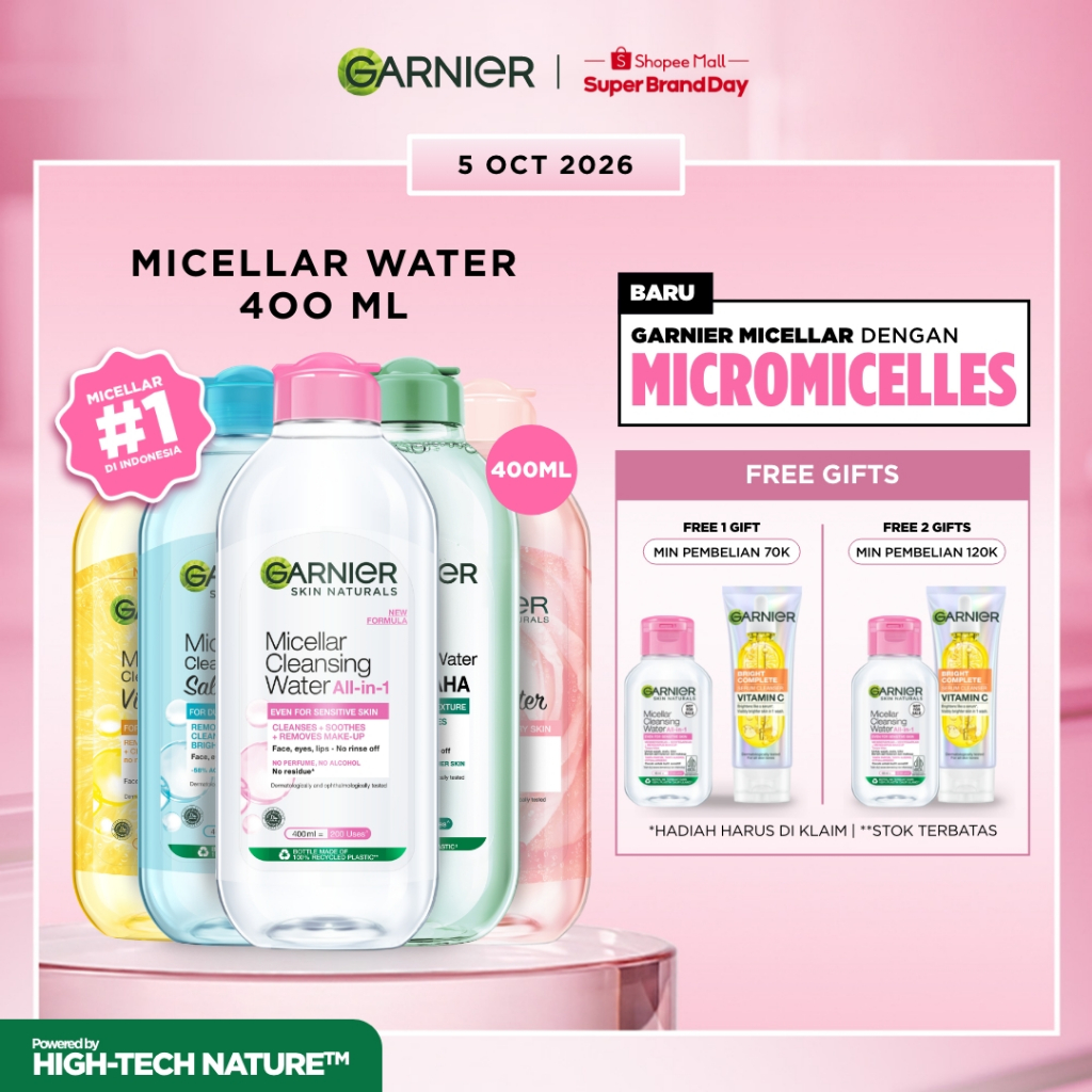 GARNIER Micellar Water SEMUA VARIAN 400ml Skincare Cleansing Oil - Pembersih Wajah & Make up Membersih dalam sekali swipe Suitable for All Skin Brightening Clear Skin Micellar Cleansing Water