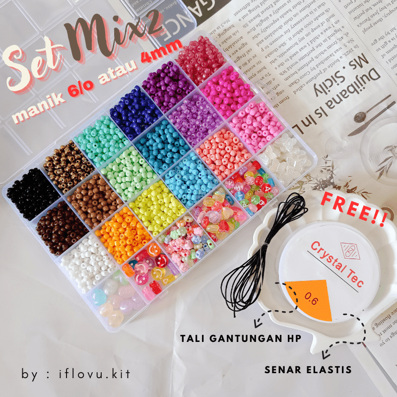 Jual Set Manik Manik DIY 6/0 4mm + Senar Elastis | Beads Kit Bracelet