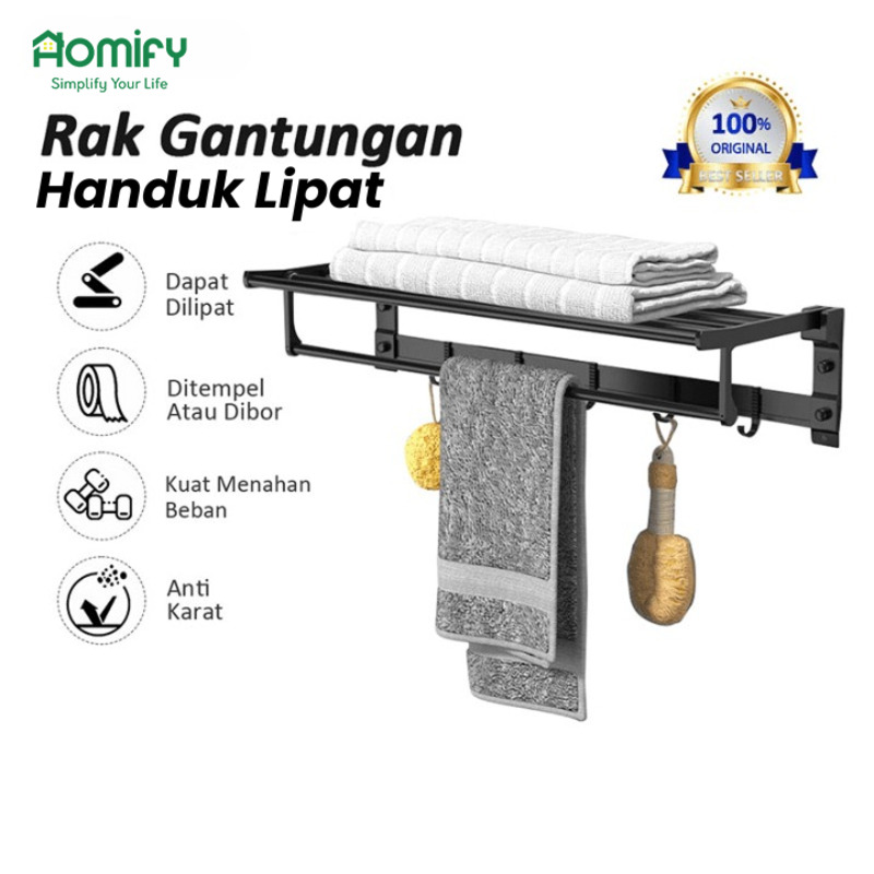 Jual Homify Rak Handuk Kamar Mandi Gantungan Dinding Dapur Lipat Dengan Pengait Alumunium Rack