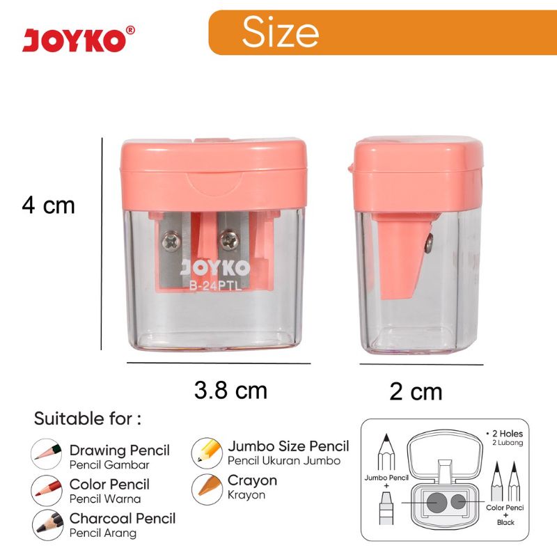 Jual RAUTAN 2 LUBANG WARNA PASTEL JOYKO B-24PTL | SHARPENER 2 IN 1 ...