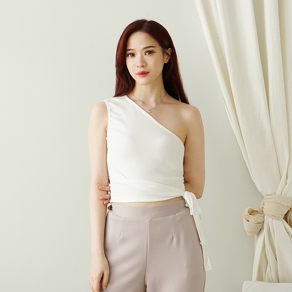 Jual Atasan Wanita Croptop Knit One Shoulder Wanita Crop Tank Top Rajut ...