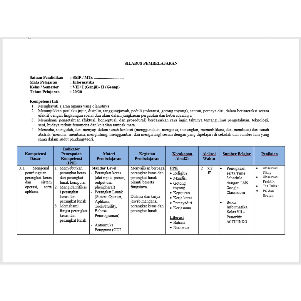Jual RPP INFORMATIKA SMP FORMAT 1 LEMBAR K13 KELAS 7, 8, 9 KURTILAS ...