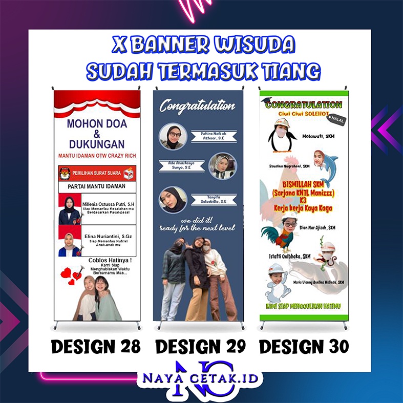 Jual free design x banner wisuda sesuai template sudah termasuk kaki x