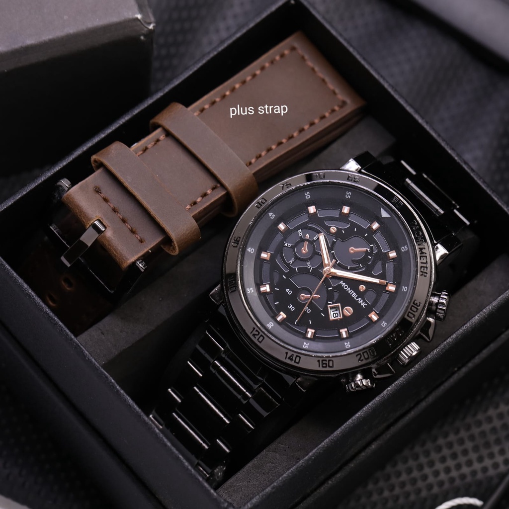 Jam Tangan Pria Montblanc Rantai 956542 Tanggal Aktif Free Tali Kulit Box  Dan Baterai