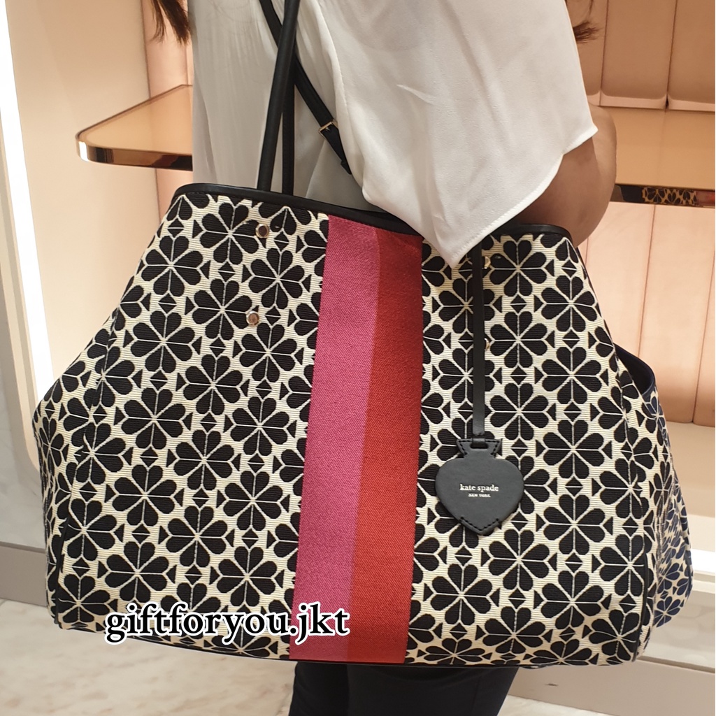 Tas Wanita Kate Spade New York Flower Jacquard Everything Stripe Large Piped Tote Pink Bag Tas Wanita Branded