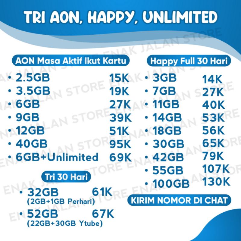 Jual Kuota Tri AON 6gb Paket Three Unlimited 52gb | Shopee Indonesia
