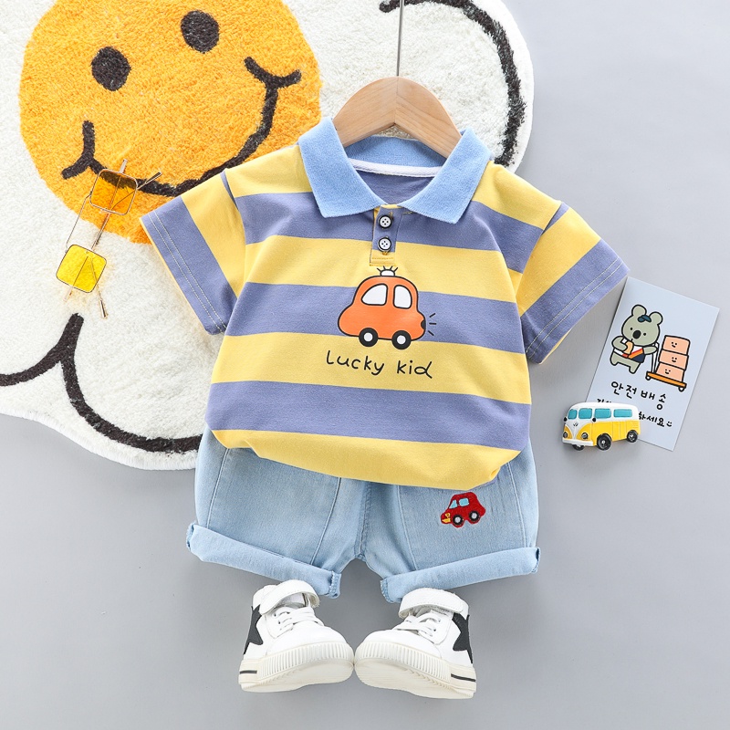 Set kemeja polo mode anak anak dari katun Lengan pendek anak laki laki berkualitas + celana pendek denim tampan 2 potong set