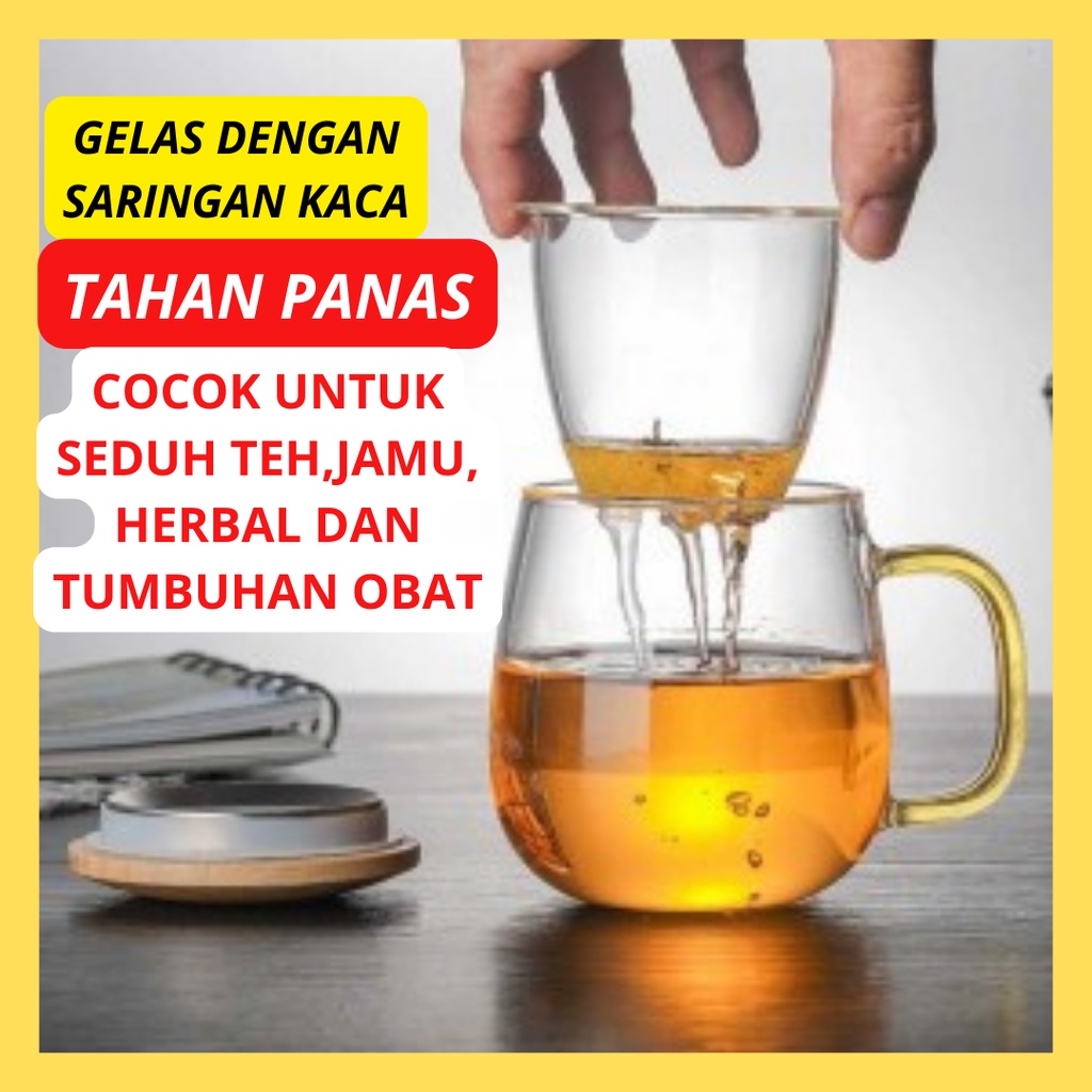 Jual Gelas Mug Cangkir Kaca Dengan Saringan Untuk Seduh Siram Jamu Herbal Jahe Tanaman Daun Obat