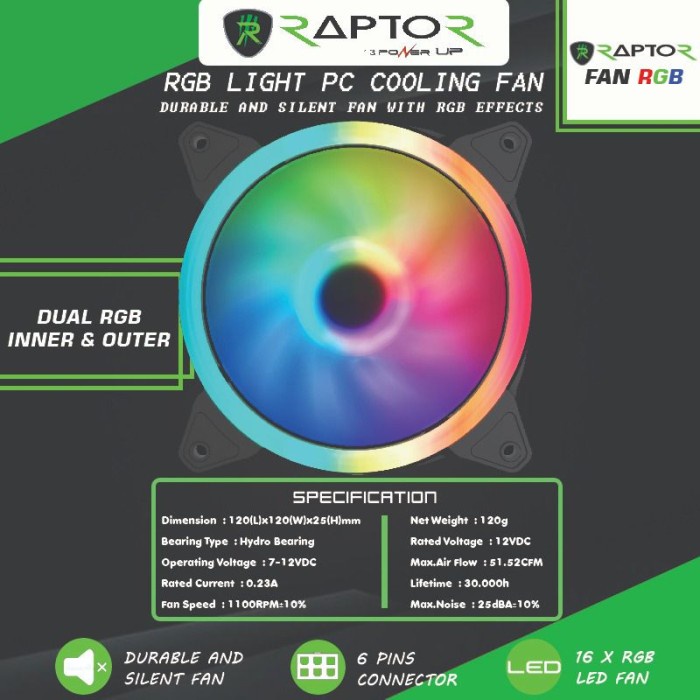 Jual Fan Casing 12cm LED Auto Dual RGB RAPTOR FAN Silent 16 Colour ...