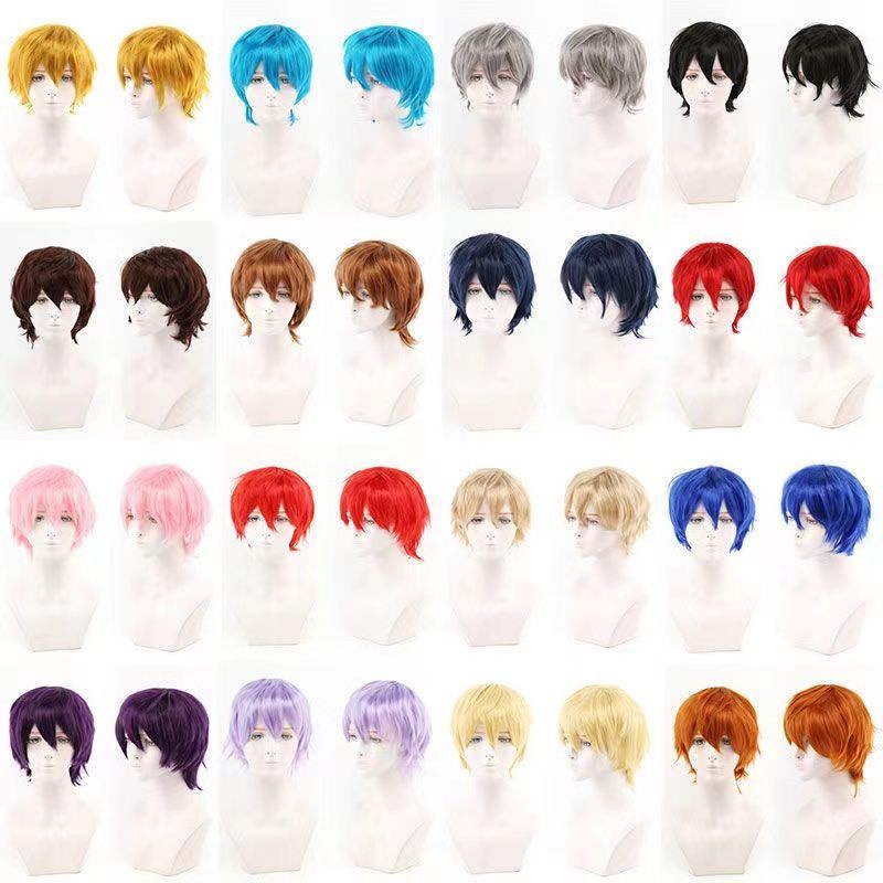 Jual cosplay warna wig reverse warping rambut pendek berbulu alami pria