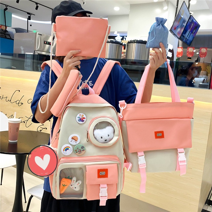 TAS RANSEL Anak Sekolah Wanita IMPOR Set 5 in 1 ORI E Fashion Perempuan SD SMP SMA Tanpa Boneka