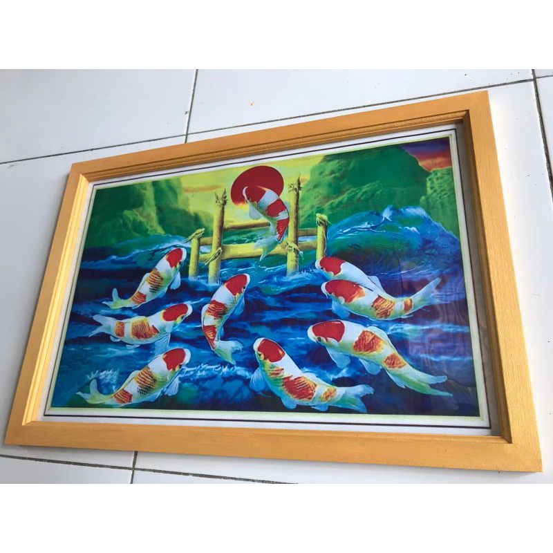 Jual Hiasan dinding cetak gambar lukisan 9ikan koi melompati gerbang
