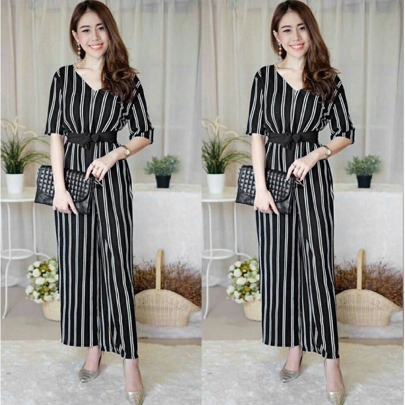 Jual Jumpsuit panjang wanita casual stripe jumpsuit jumpsuit salur jumpsuit vneck Shopee Indonesia