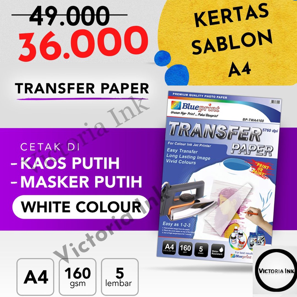 Jual Kertas Transfer Paper Sablon Kaos Putih BLUEPRINT Transfer Paper White Blueprint A4