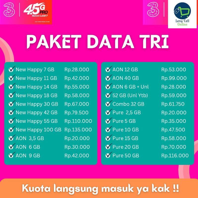 Jual Paket Data Tri Kuota Three Three Termurah Aon Three Happy