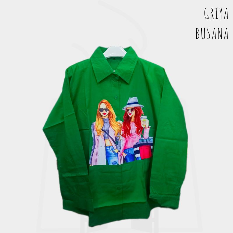 Jual KEMEJA JUMBO WANITA CEWEK GAMBAR KARTUN FANTA HIJAU HITAM PUTIH
