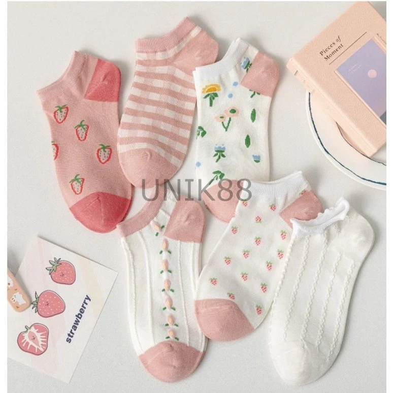[UNIK88] Kaos Kaki Wanita Fashion Motif Strawberry Bunga Kaoskaki Pendek Semata Kaki Korea Import | AutoStock
